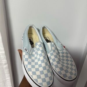 Vans Light Blue and White Checkered Slip-Ons